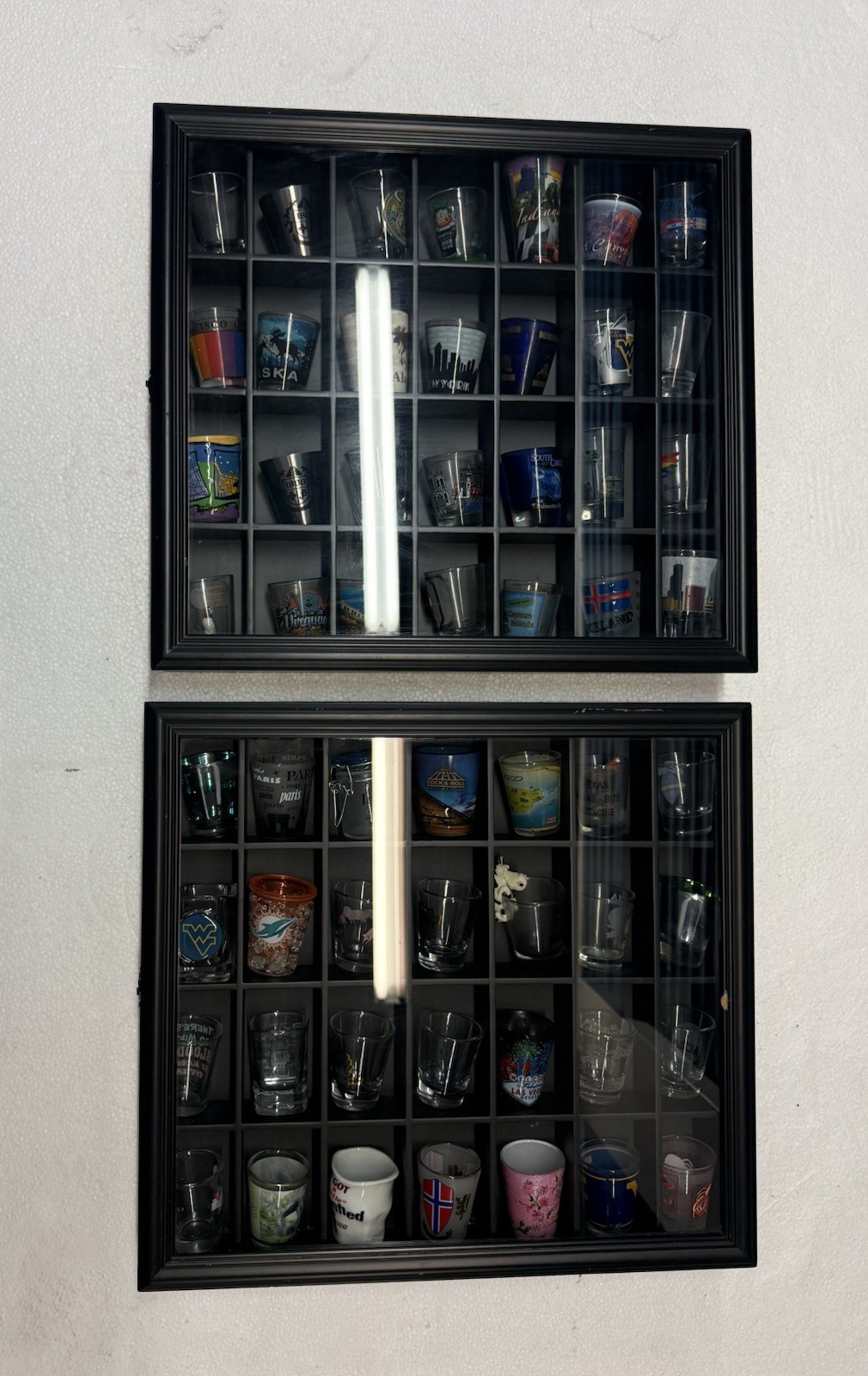 56 Souvenir Shot Glasses w/ 2 Glass Display Cases Travel Bar Decor Collection