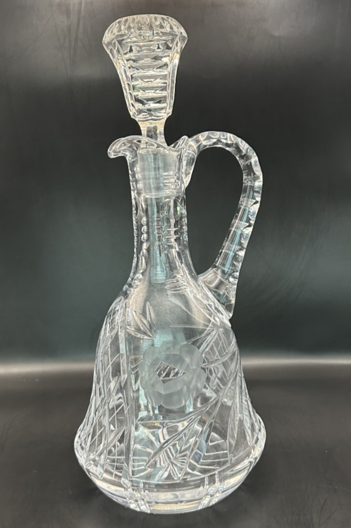 Vintage Leaded Crystal Etched Glass Decanter w/ Handle and Stopper