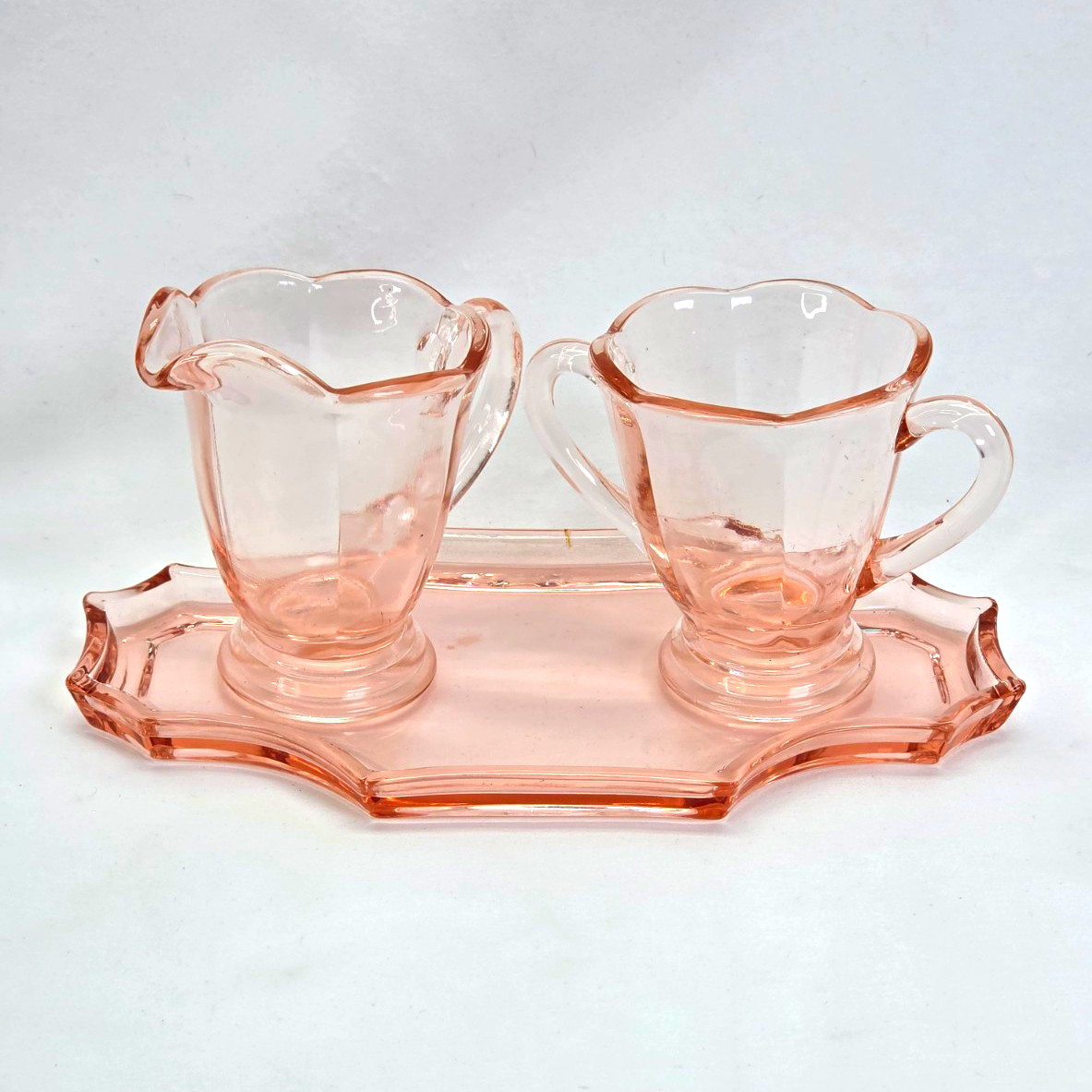 Vintage Pink Depression Glass Creamer, Sugar Bowl & Matching Tray Set –UV Glow