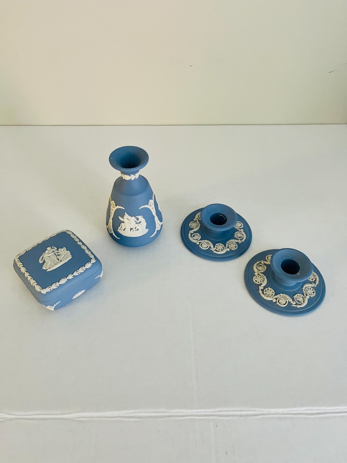 VTG Wedgwood Blue Jasperware Lot - 3 Piece Set: Bud Vase, Trinket Dishes, Candle