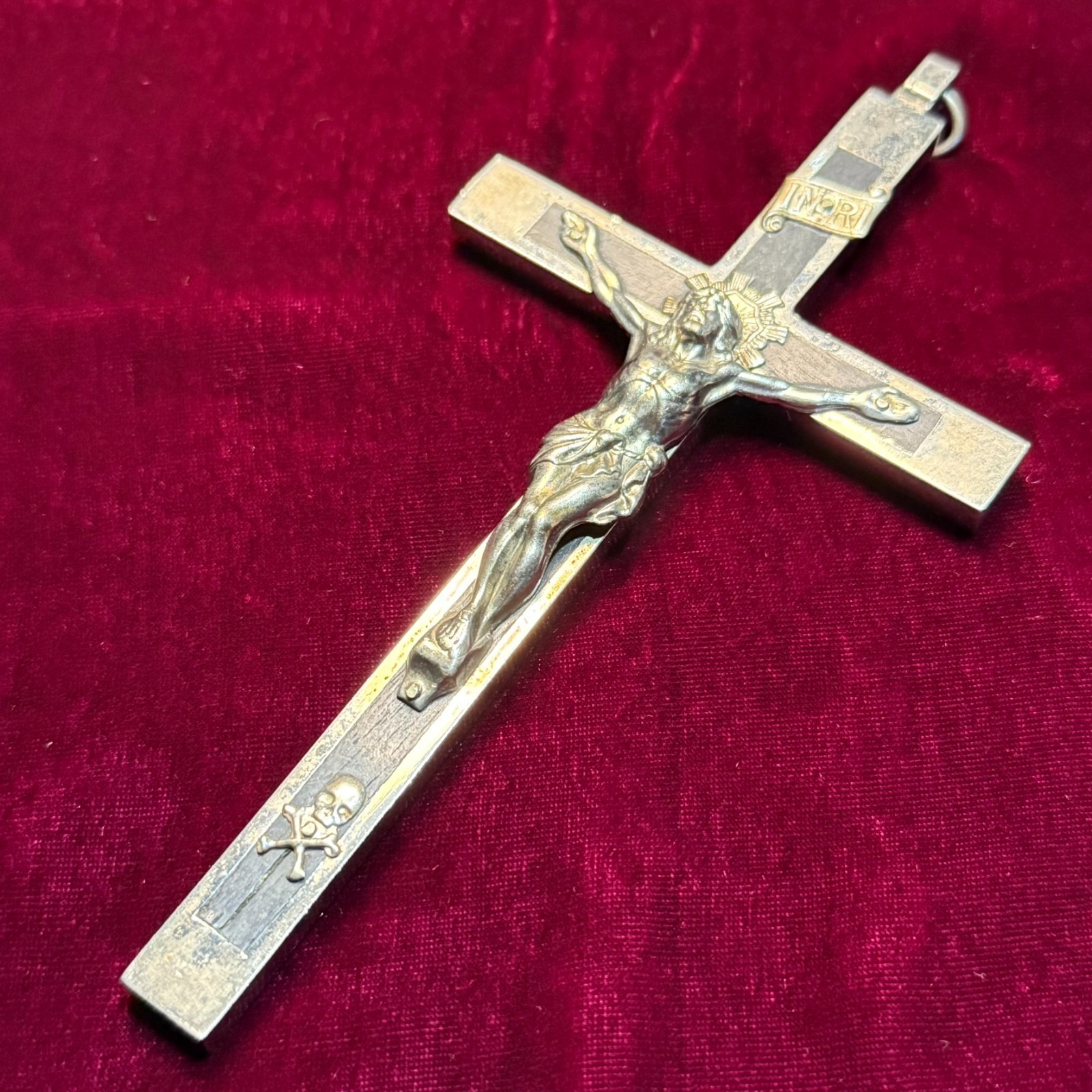 Antique 6 Inch Ebony Golgotha Skull Crossbones Crucifix Germany Memento Mori