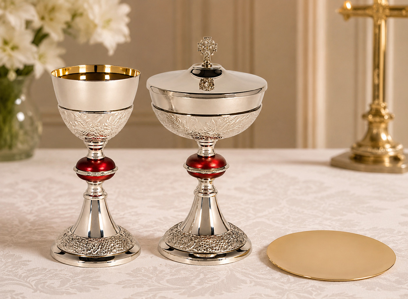 Gold and Nickel Plated Brass Ciborium, Chalice Cup and Paten Grape Pattern Set