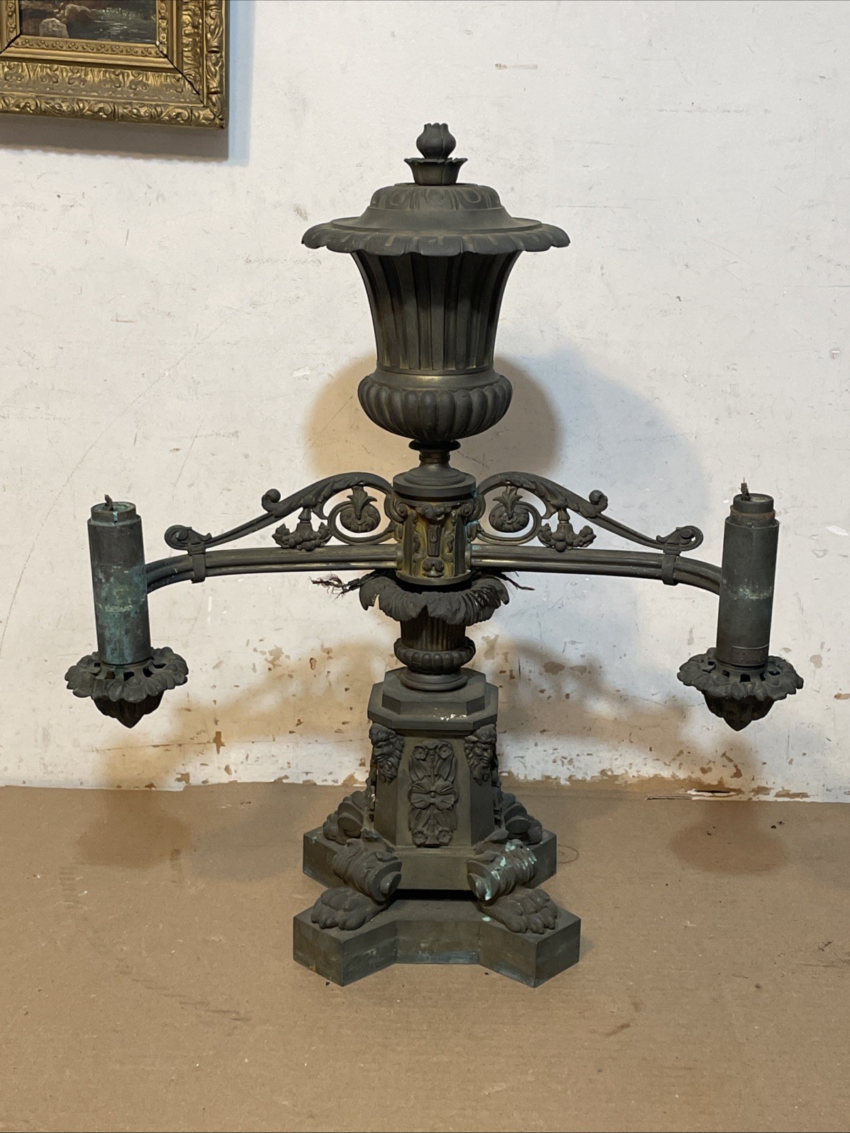 Antique Bronze Double Arm Argand Lamp J & I Cox New York To Restore