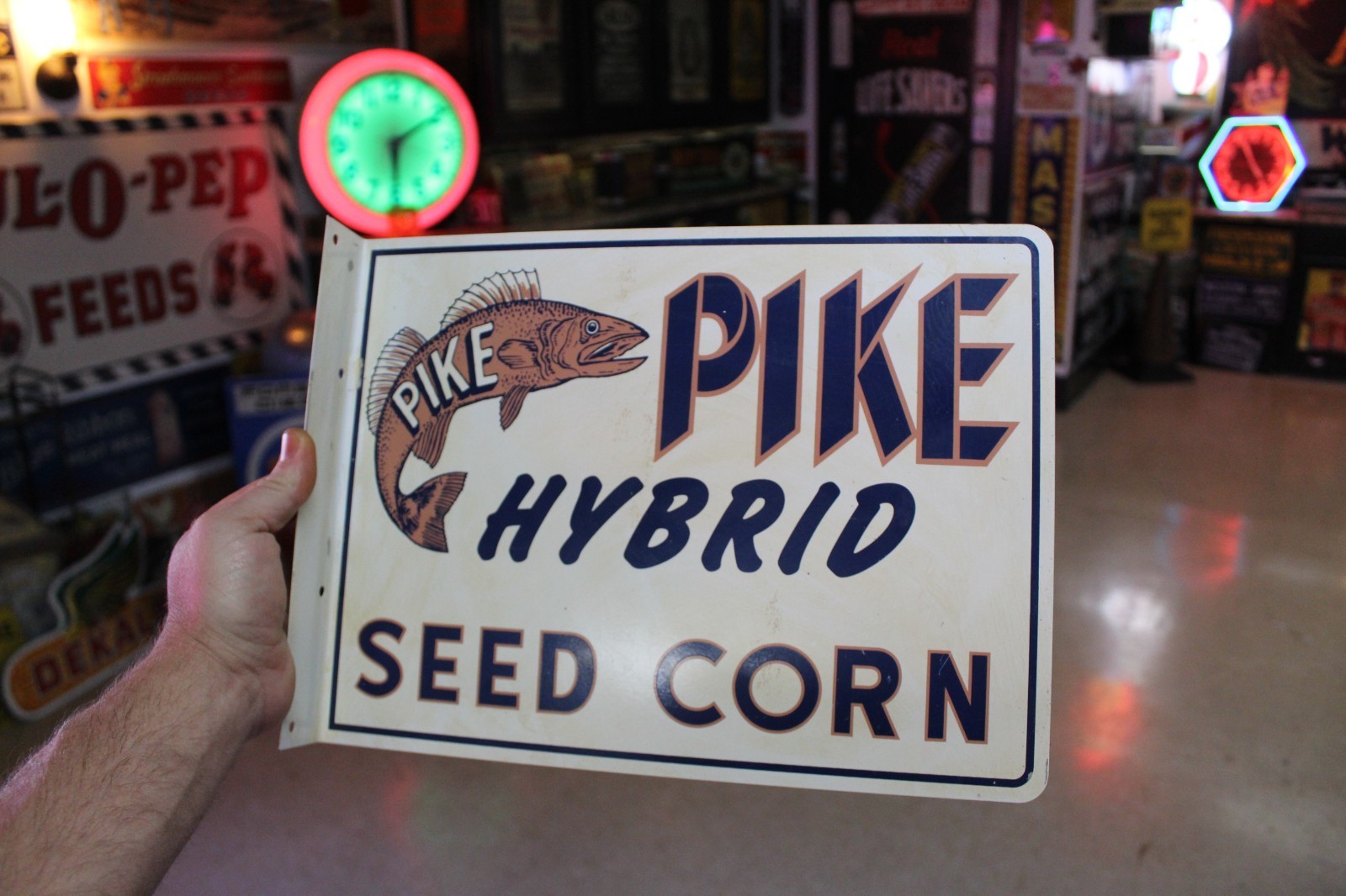 RARE 1950s PIKE HYBRID SEED CORN PAINTED METAL 2-SIDED FLANGE SIGN BARN FISH