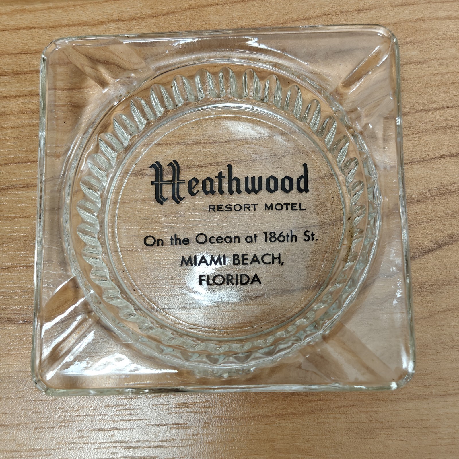 Vintage 1960s Miami Beach Heathwood Resort Motel Hotel Ashtray Glass Square MCM
