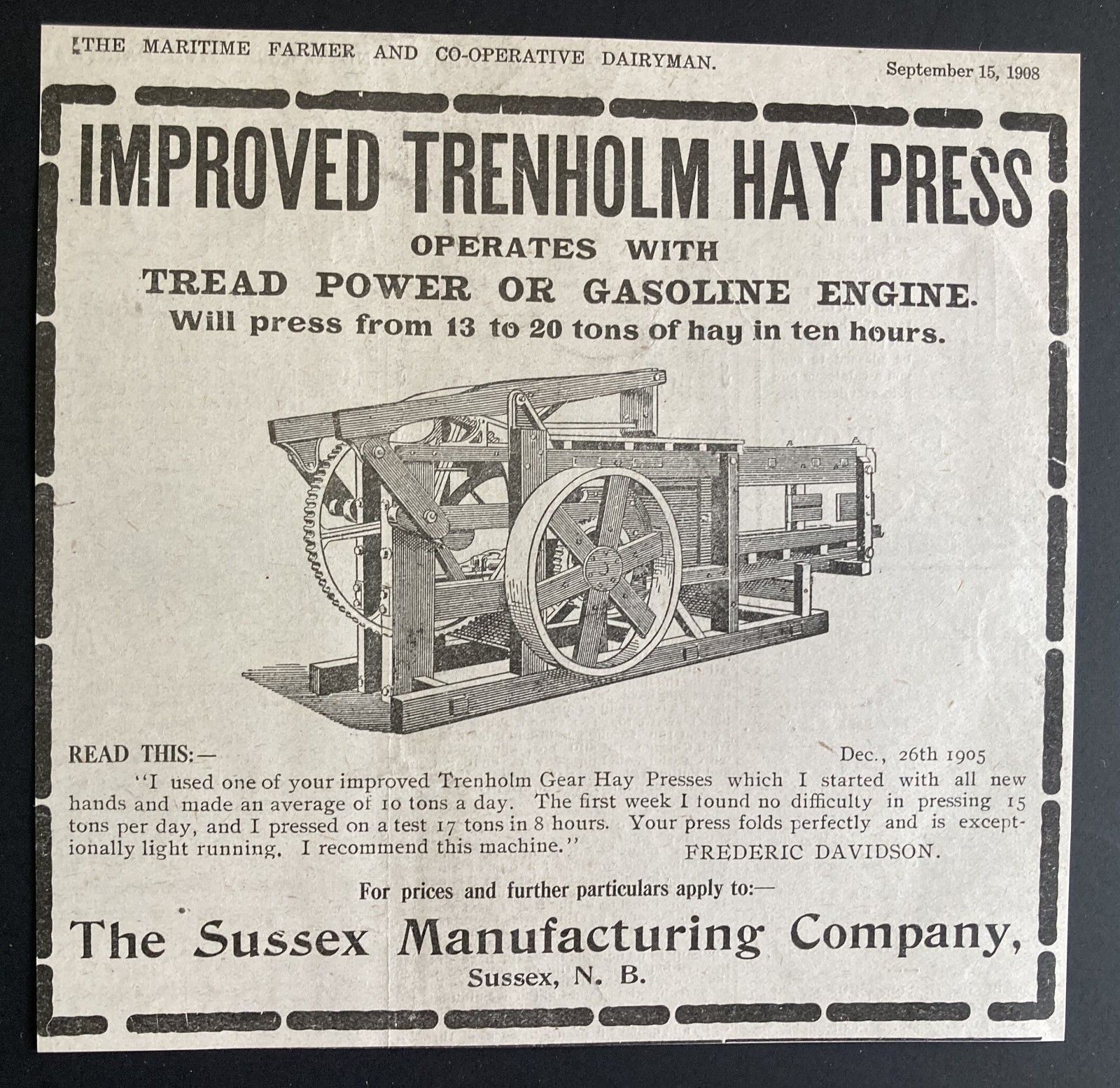 1908 CANADA CANADIAN AD TRENHOLM HAY PRESS SUSSEX NEW BRUNSWICK