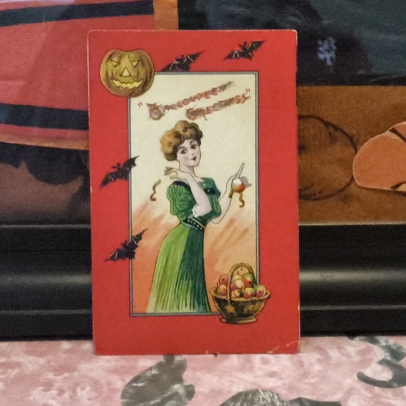 Antique 1909 Halloween Postcard - Pretty Woman Peeling Apples - Bats, Pumpkin Antique 1909 Halloween Postcard - Pretty Woman Peeling Apples - Bats, Pumpkin