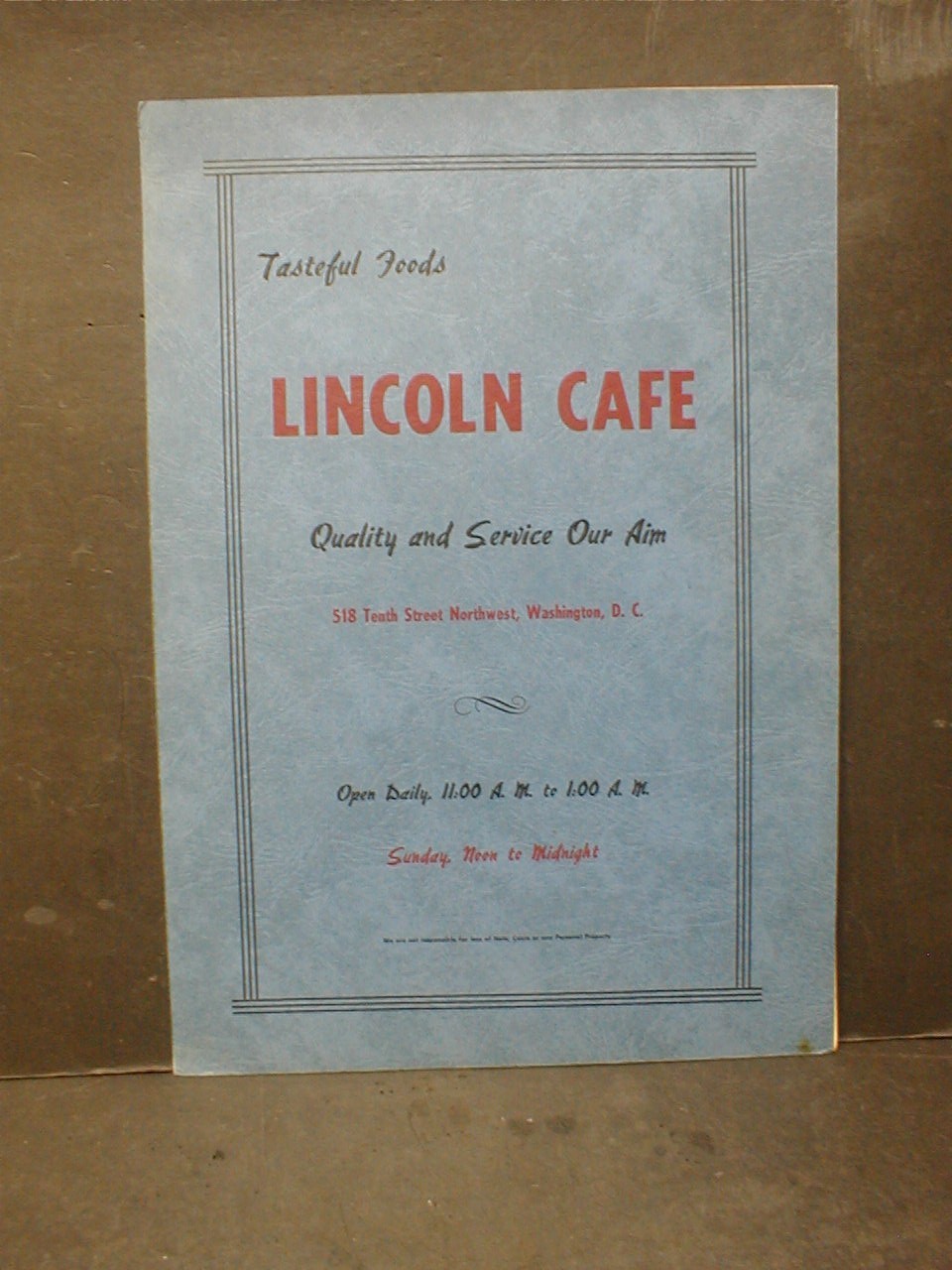 VINTAGE 1950\'s LINCOLN CAFE MENU - WASHINGTON D.C.