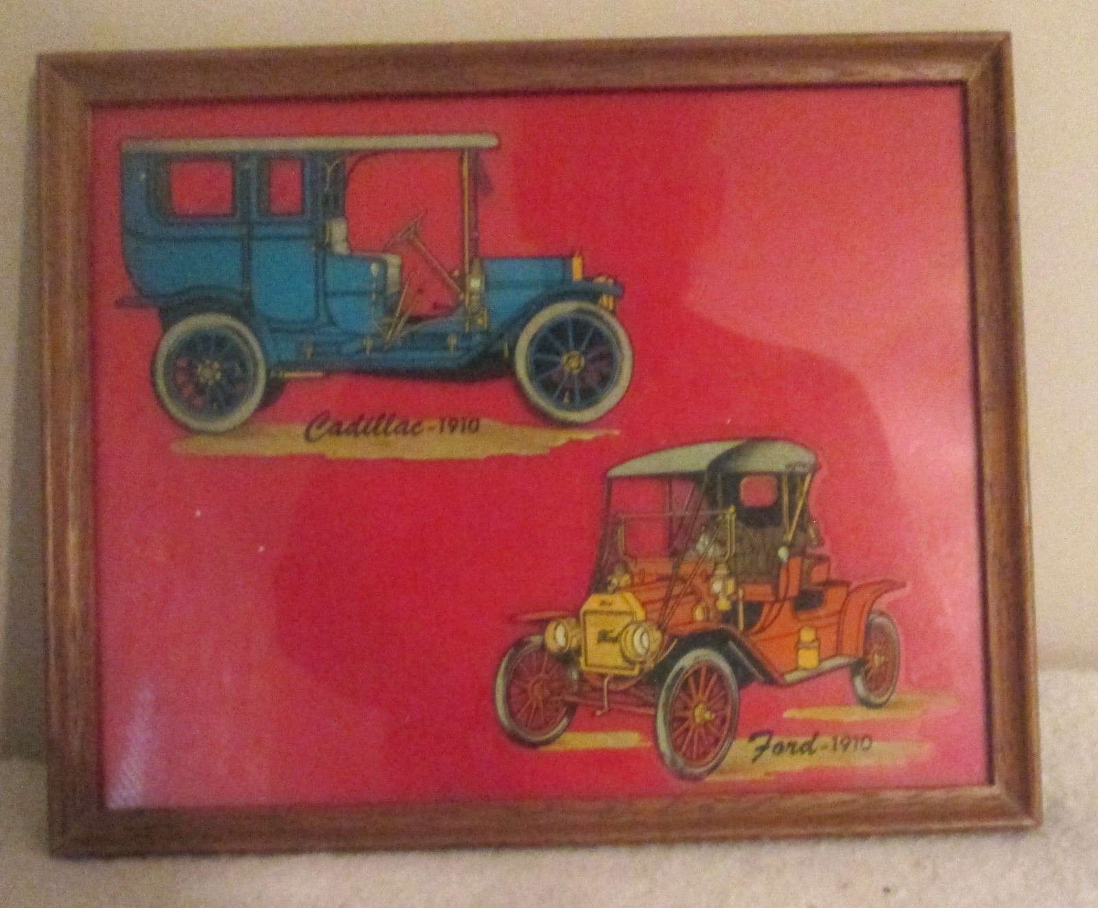 VTG Classic Car Wall Plaque Ford Model 1910 & 1910 cadillac FRAMED GLASS