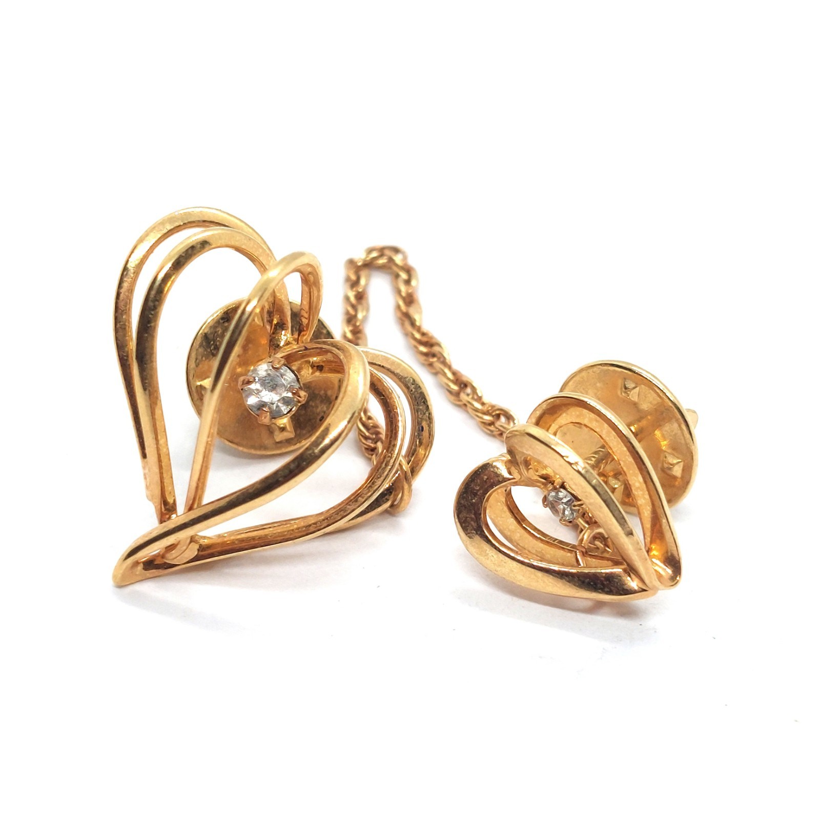 Double Heart Chain Pin Vintage Brooch Romantic Linked Love Rhinestone Collectors