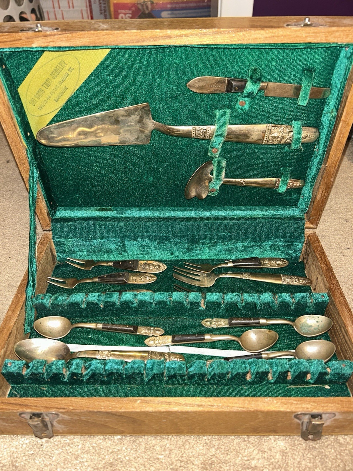 vintage Mid-Century Modern Thai bronzeand rosewood flatware serving set