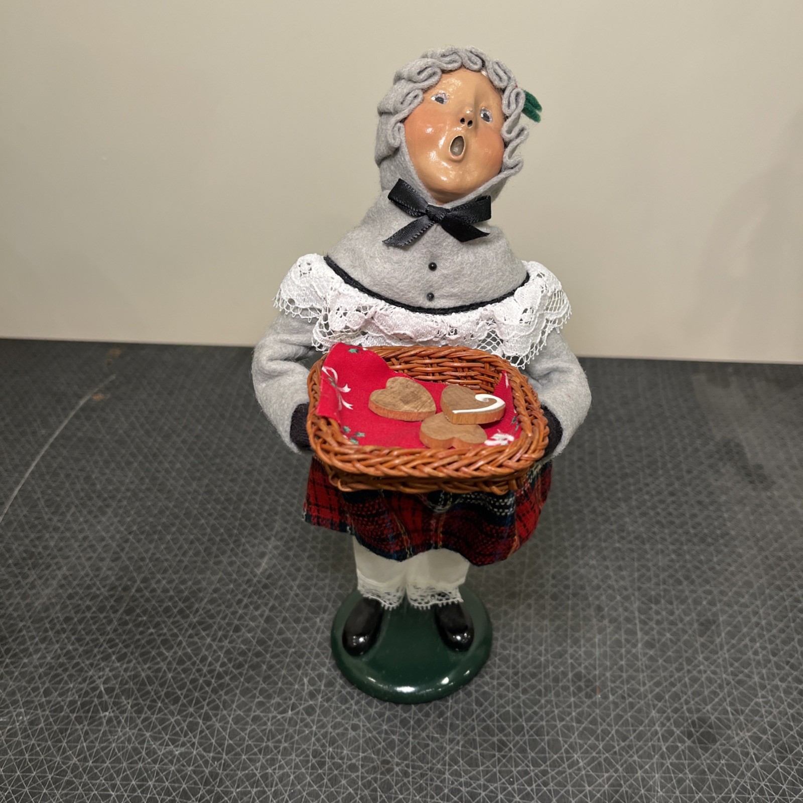 Byers Choice Girl Child, Christmas Cookies Basket, Grey, Bows, Lace, Plaid Skirt