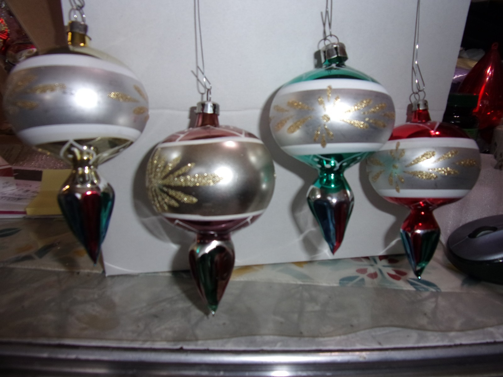 QTY 4 Vtg Columbia Glass teardrop or lantern style Christmas Tree Ornaments  LOT