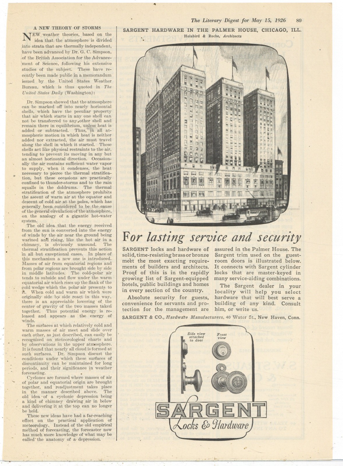1926 Sargent Locks & Hardware Ad: Palmer House Hotel Artist\'s Rendering Chicago