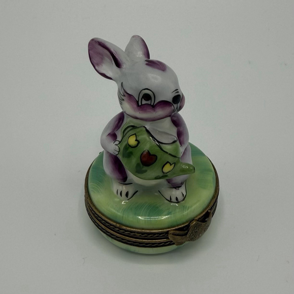 Limoges France Peint Main Porcelain Trinket Box Purple Rabbit With Watering Can