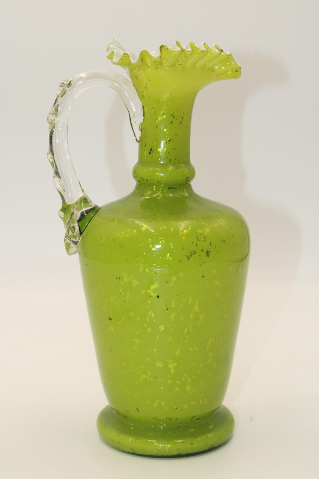 Cased Green Glass Pitcher Vase Hand Blown Speckled Glitter Ruffled 1940's