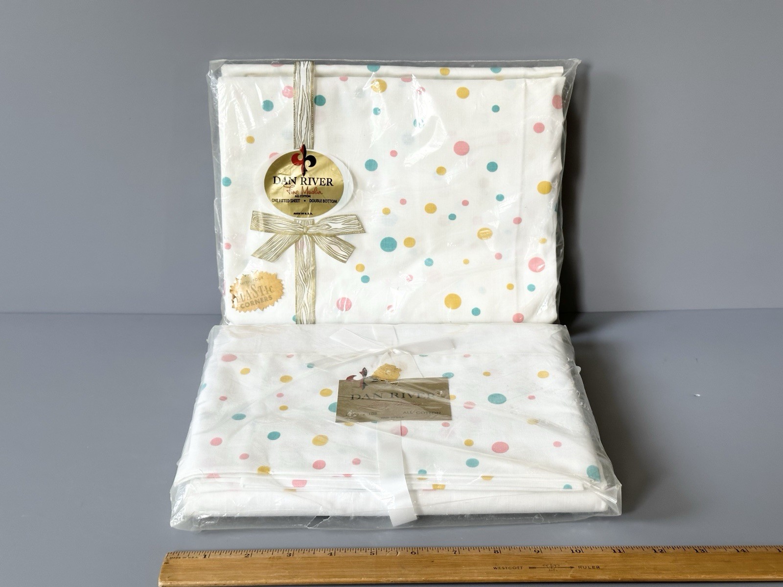 Vintage 1960s / 70s Dan River Polka Dot Yellow Turquoise Pink Double Sheet Set