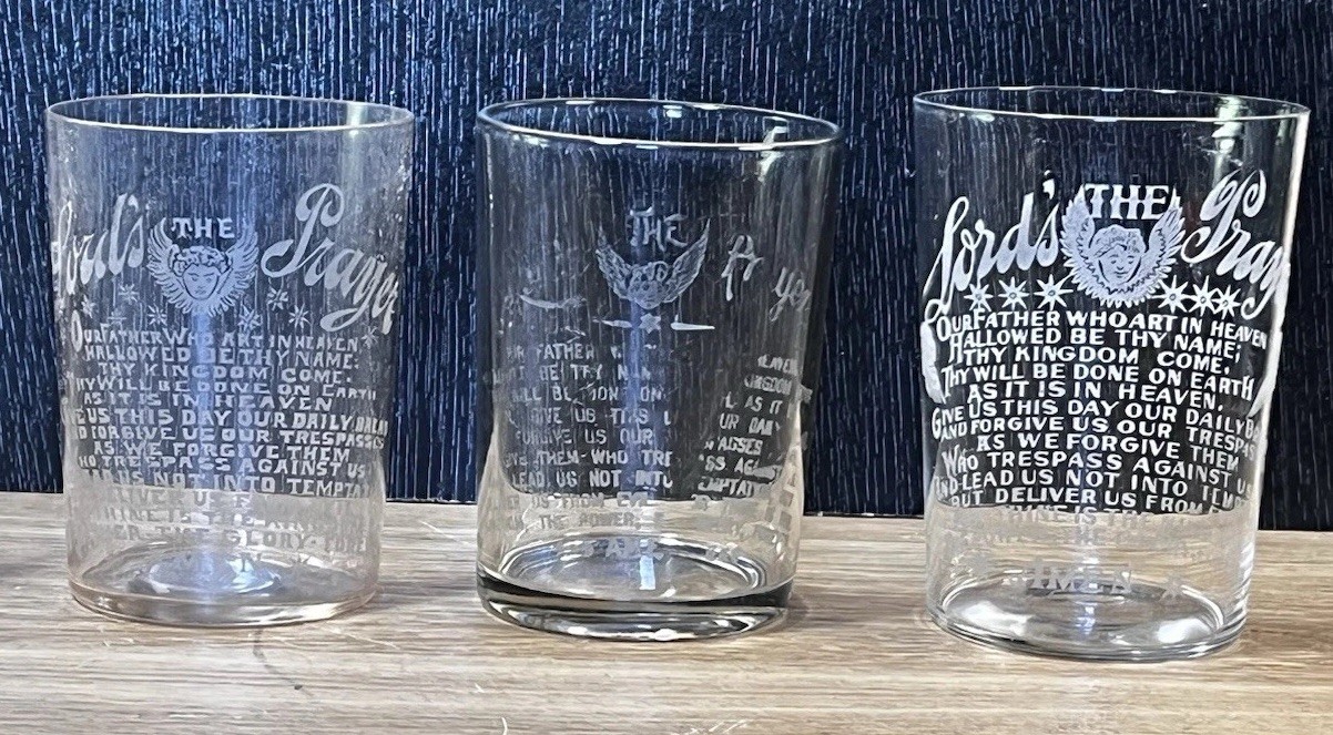 Set Of 3 Anti-Saloon League Lords Prayer Tumbler Glass Prohibition Temperance