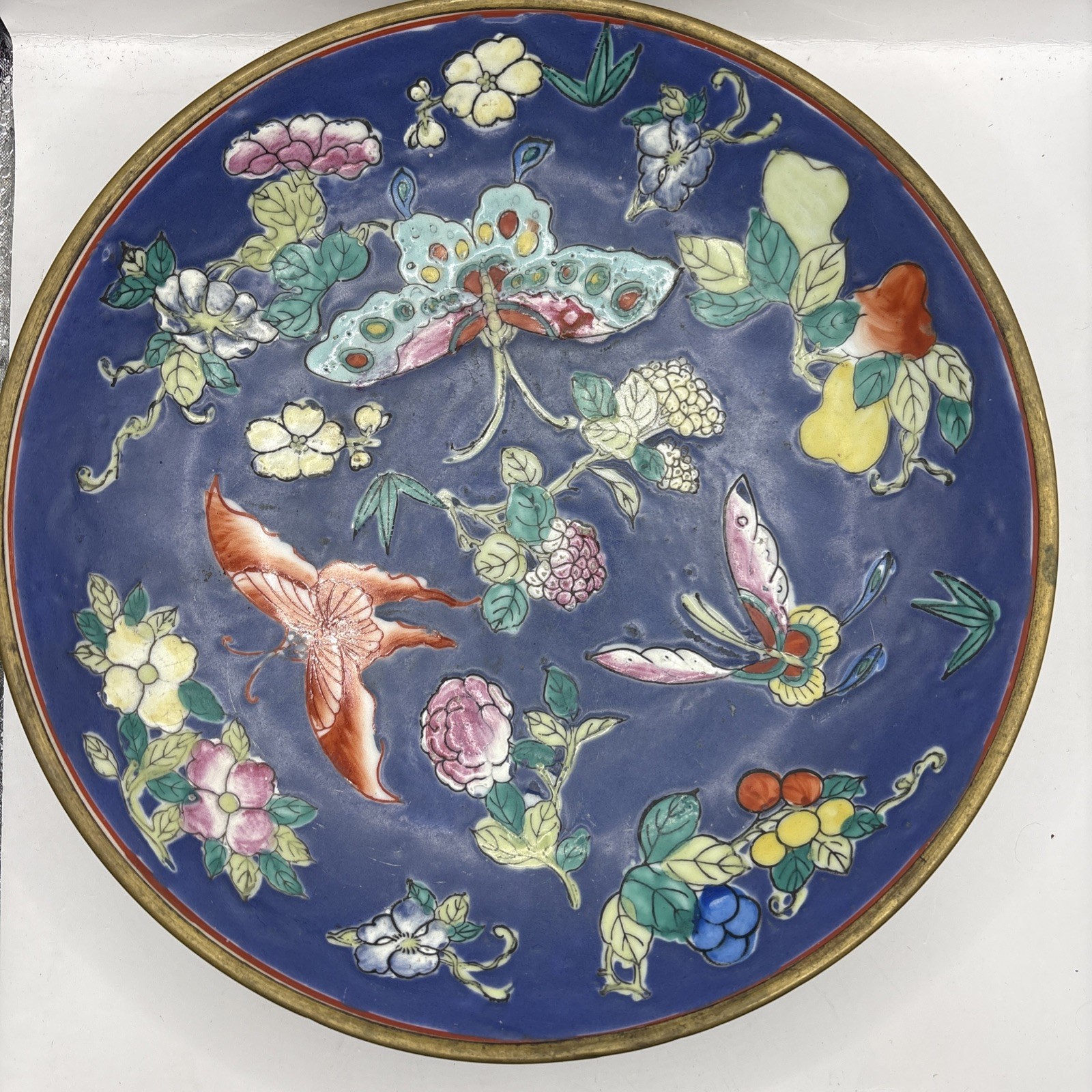 Chinese Cloisonne Plate Brass Encased Porcelain Tongzhi Mark Butterfly Blue VTG