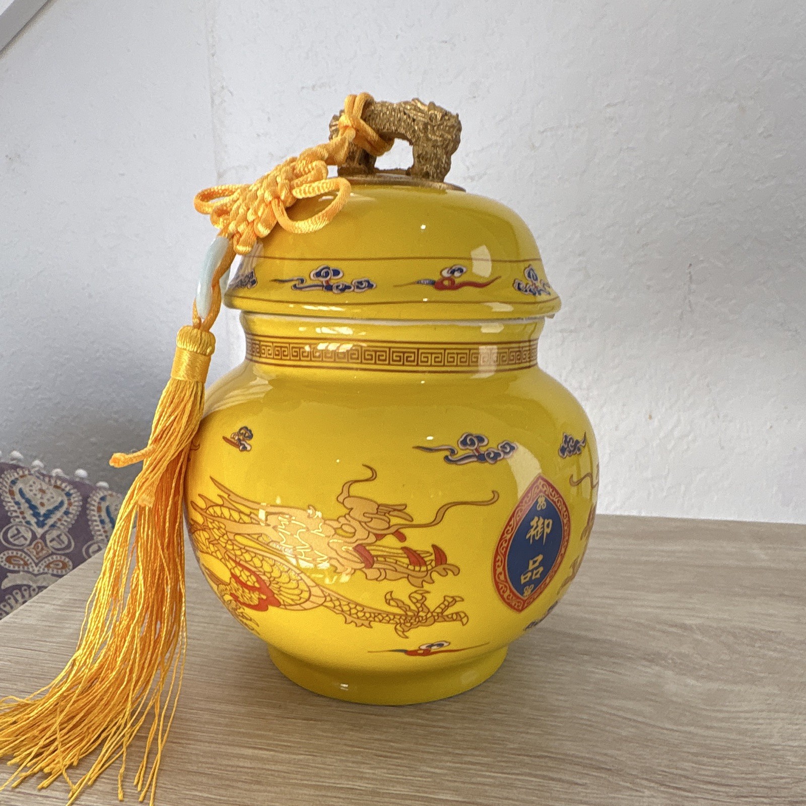 Chinese Yellow Lidded Jar with Dragon Design, Tassel & Handle