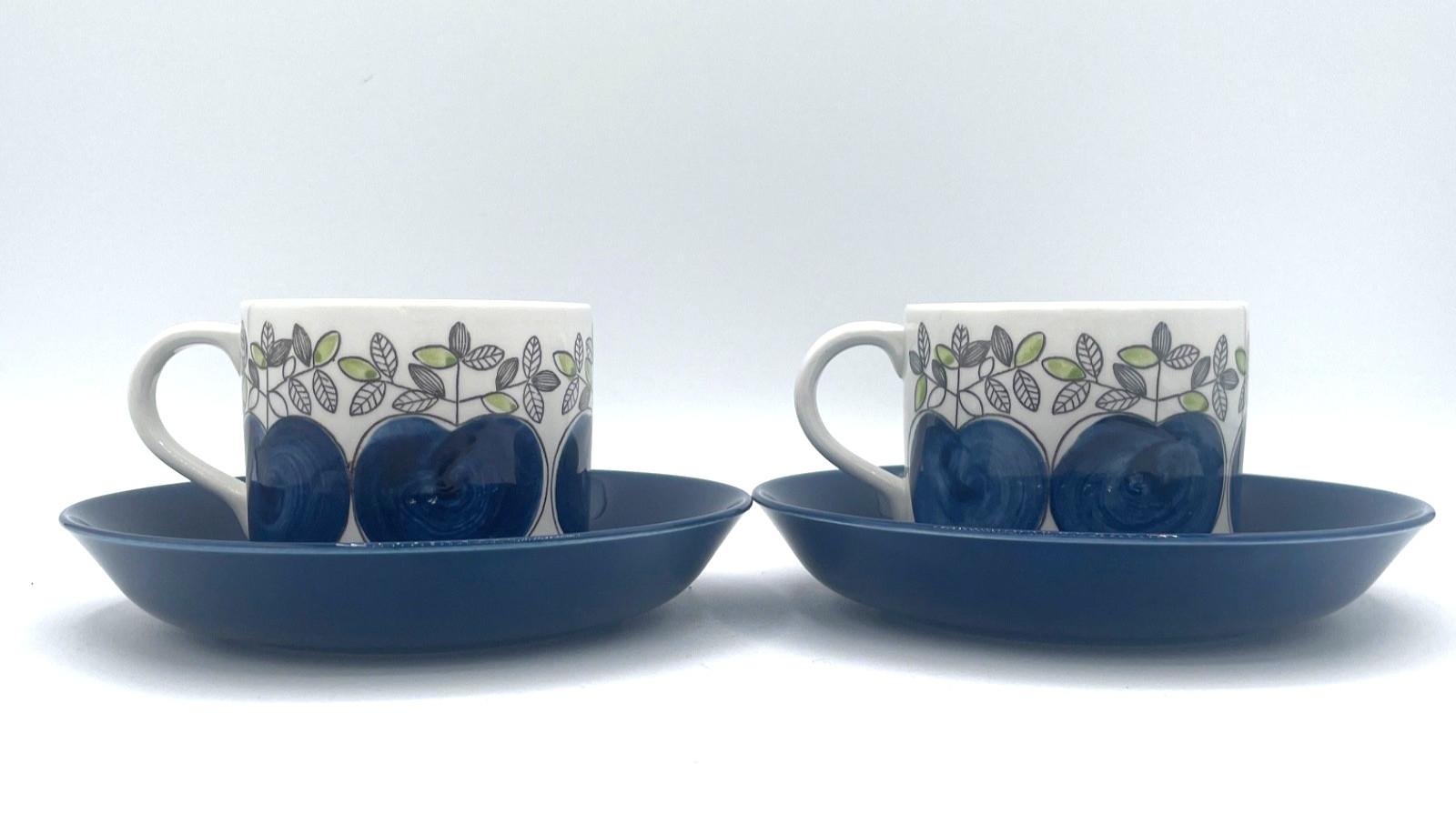 Vintage Rorstrand Viktoria 2 Cup & Saucer Set Sweden Hand Painted Blue Green MCM