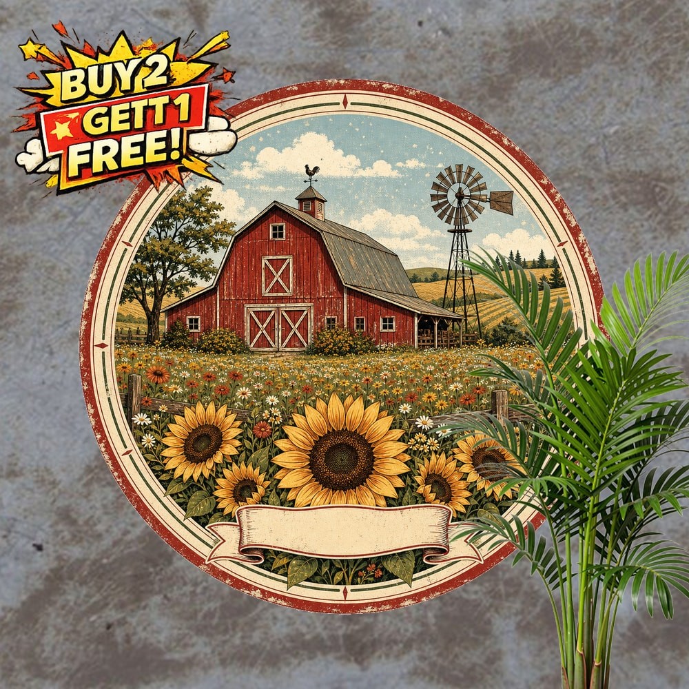 Farmhouse Style Round Metal Sign Rustic Vintage Country Home Decor Plaque 8x8