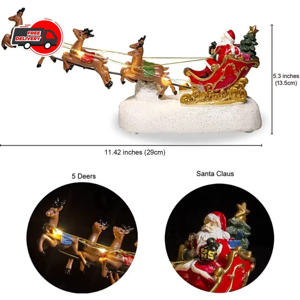 Christmas Santa Claus Sleigh with Reindeer Figurine LED Light Holiday Decor Gift Christmas Santa Claus Sleigh with Reindeer Figurine LED Light Holiday Decor Gift