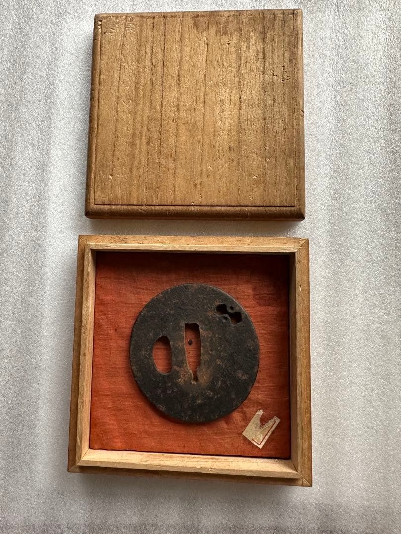 Japanese Satsuma Iron Tsuba Plain Oval Antique Sword Fitting With Wood Box Japanese Satsuma Iron Tsuba Plain Oval Antique Sword Fitting With Wood Box