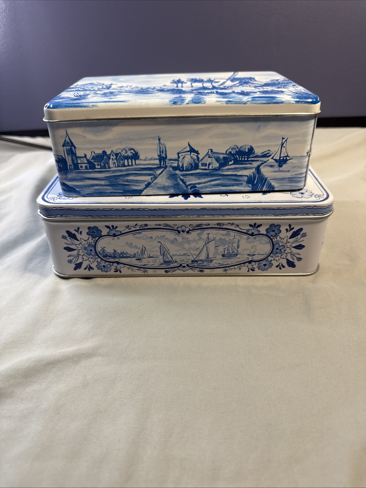 **Vintage Delft Blue & White Storage Tins - Set of 2**