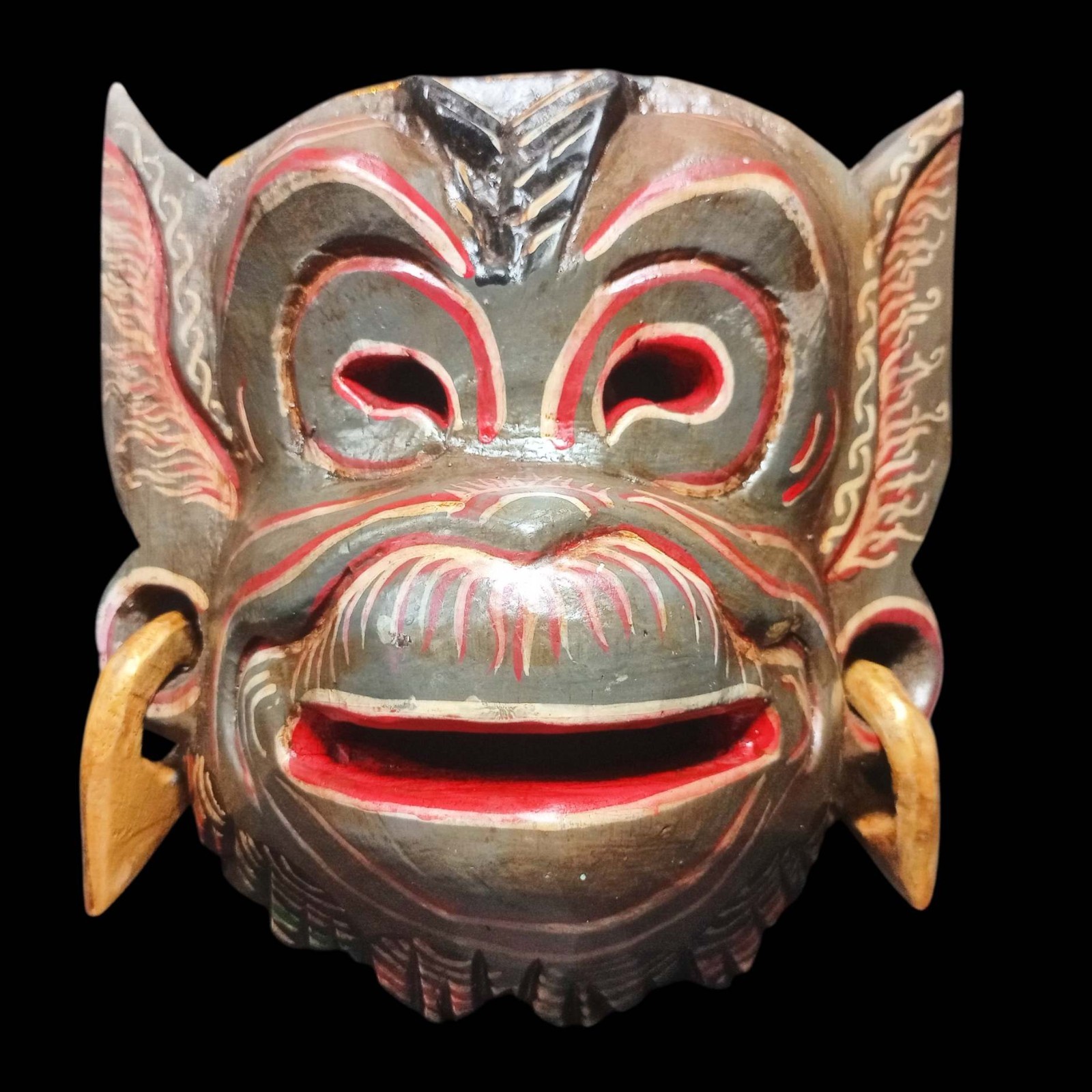 Balinese Barong Monkey Mask Grey Hand Carved Wooden Tribal Wall Hanging Bali Art
