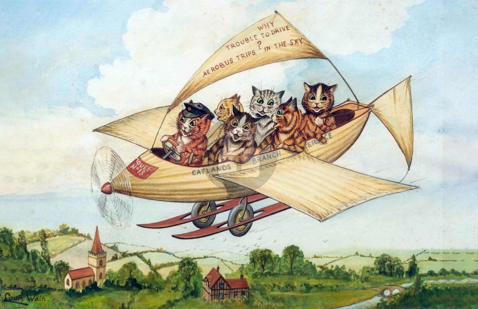 Louis Wain Cats: Aerobus Service Vintage Reproduction Postcard