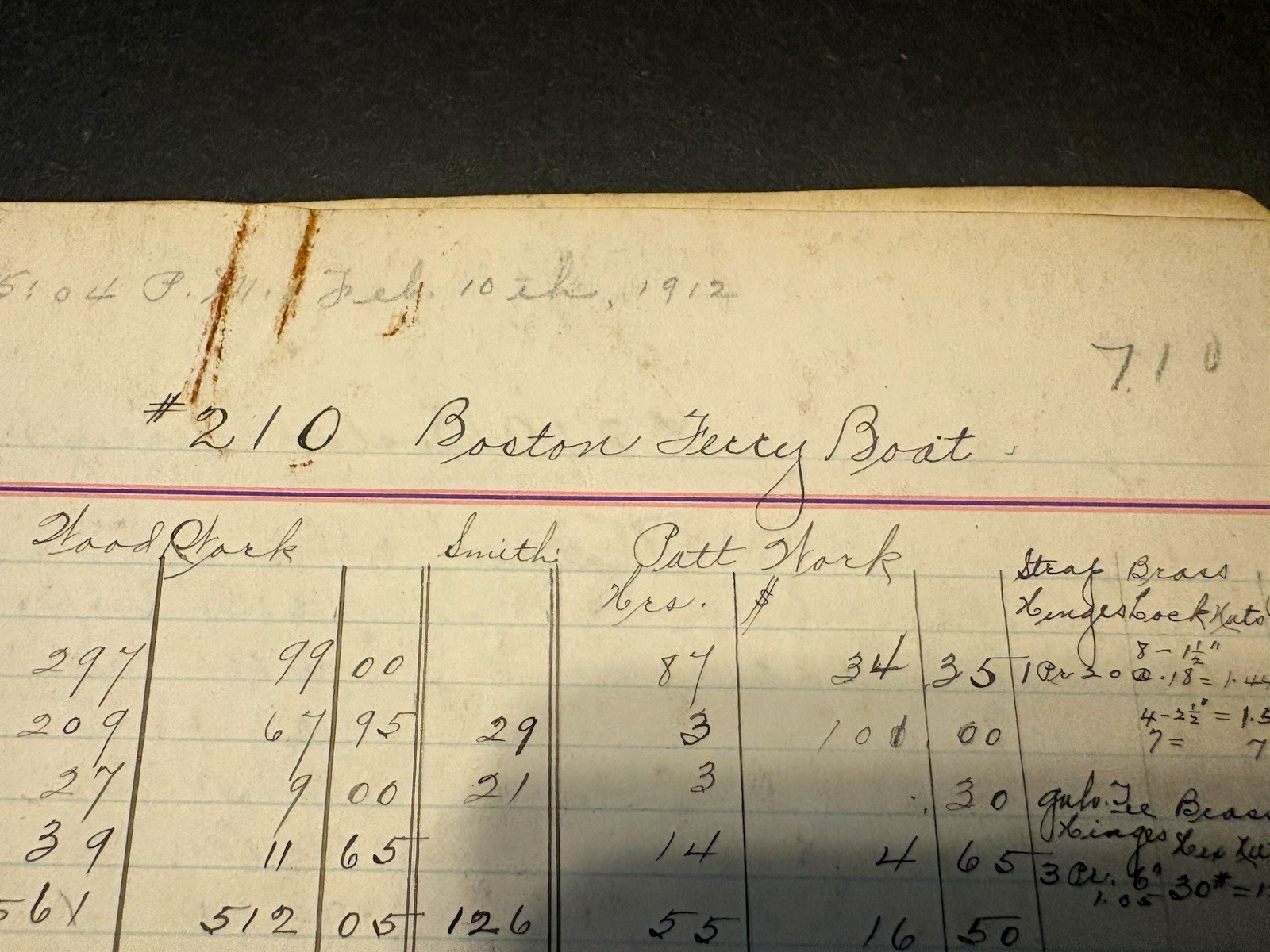 Original T.S.Marvel Shipbuilders notes. John H. Sullivan. Ferry Boat,Boston 1912