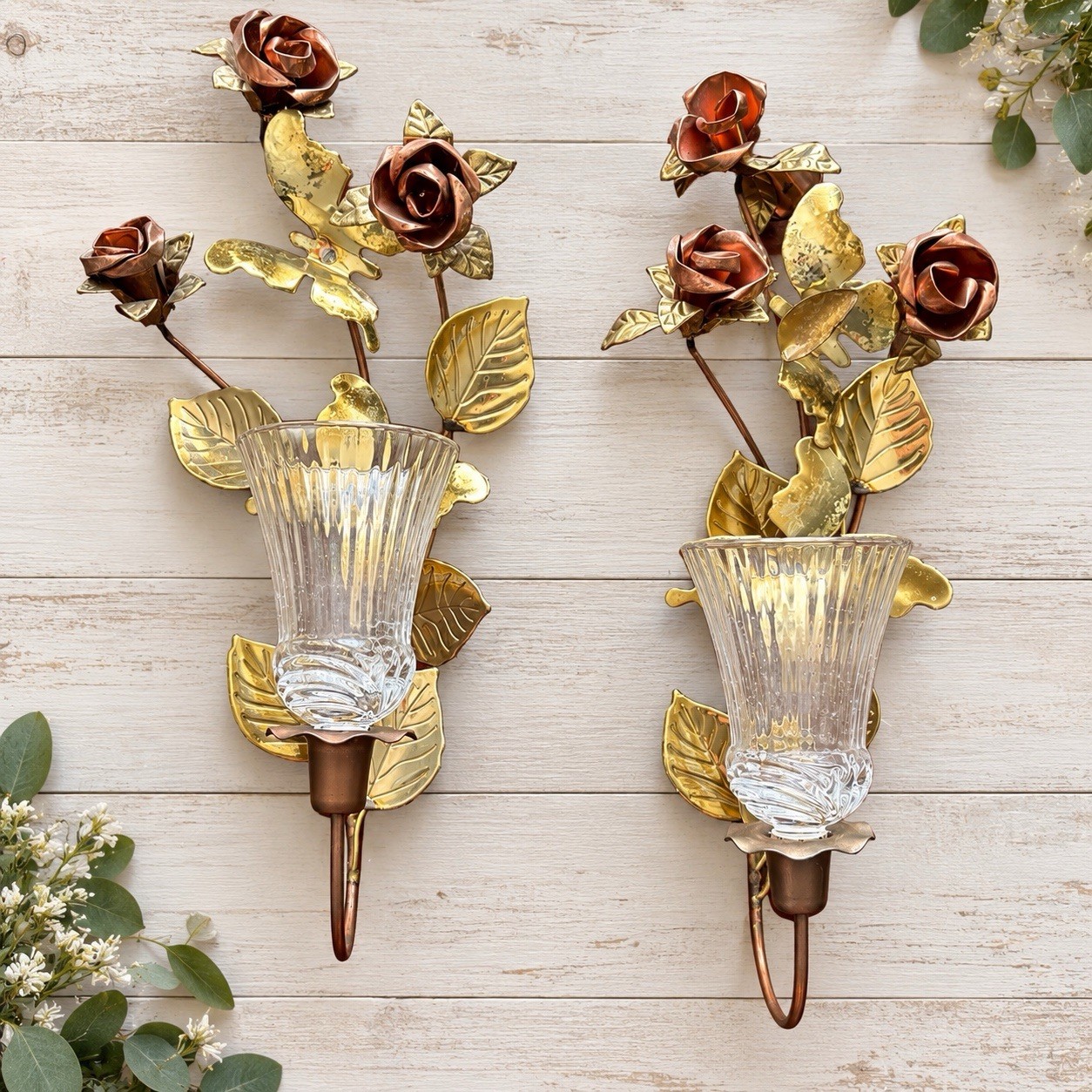 Vtg Pair Brass Copper Rose Floral Butterfly Wall Sconces Glass Candle Holders Vtg Pair Brass Copper Rose Floral Butterfly Wall Sconces Glass Candle Holders