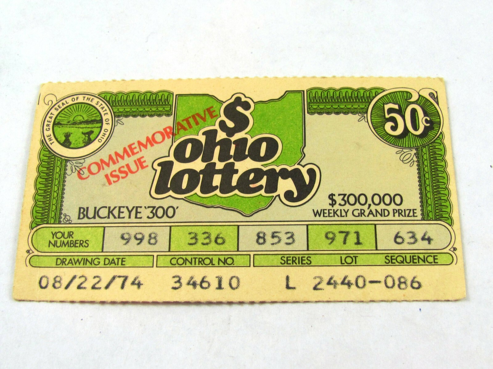 Vintage First 1974 Ohio State Lottery Ticket Ohio Lottery, First ticket