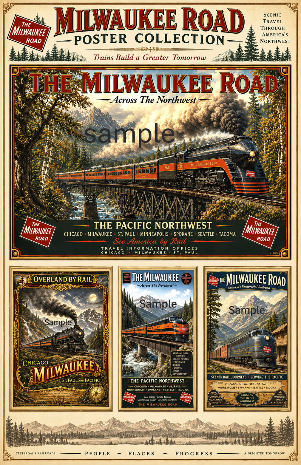 Milwaukee Road Railroad Poster Set of 4 Vintage Style Train Art Prints 13 x 19