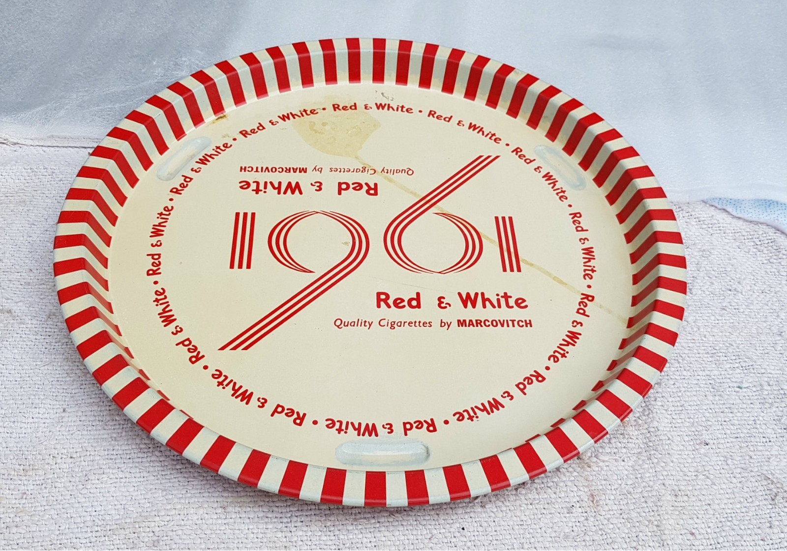 Vintage Scarce Marcovitch Red & White Cigarette Adv Round Tin Tray Plate T1075