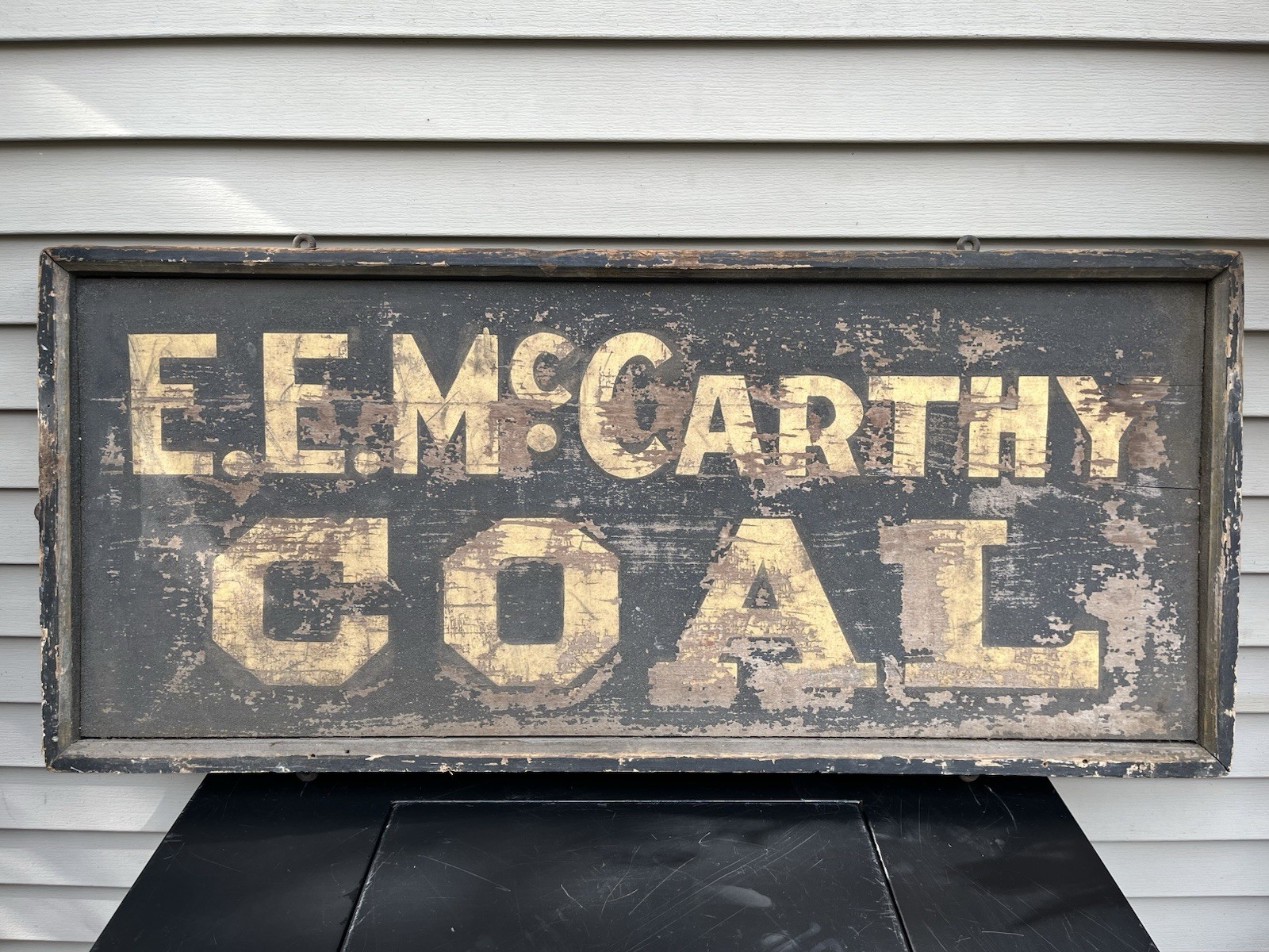 ANTIQUE E E MCCARTHY COAL WOODEN SMALTZ & GOLD LEAF TRADE SIGN 38x17” AS-FOUND