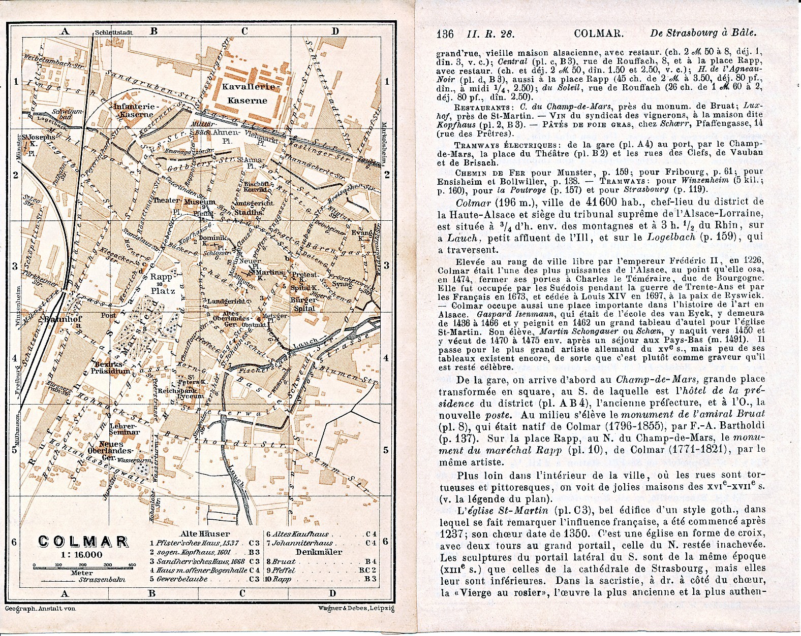 68 Colmar 1906 pt. original city plan + guide (3 p) place Rapp St-Martin foie gras