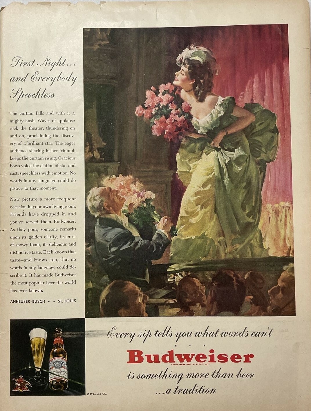 Budweiser Print Ad Vintage 1946 a tradition theater woman Go By Train Pullman