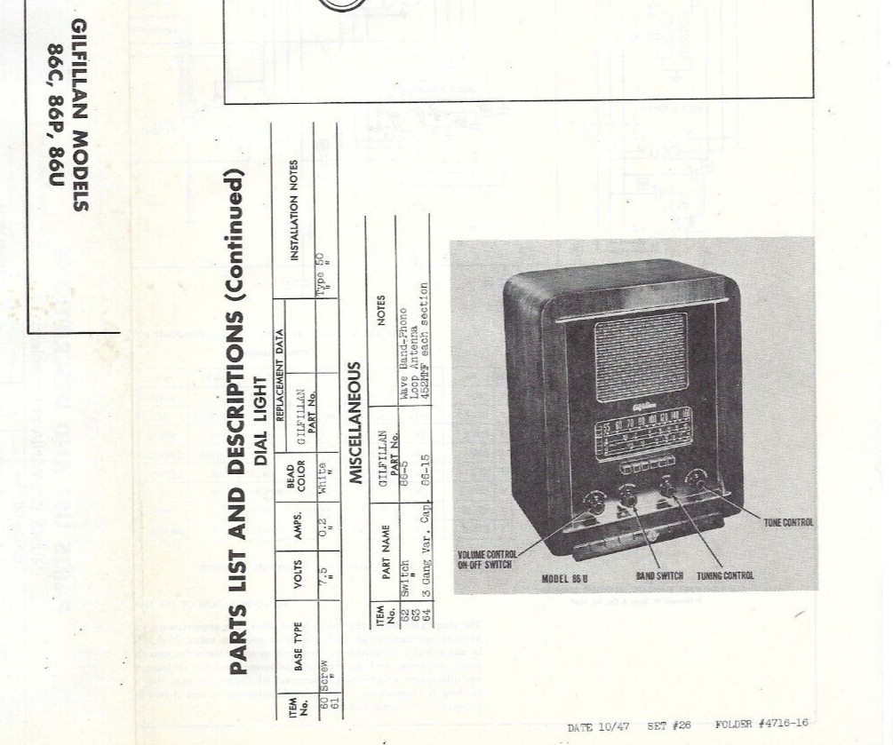 1947 Gilfillian Bros 86C 86P 86U Tube Radio Receiver Photofact Manual Spec Sheet