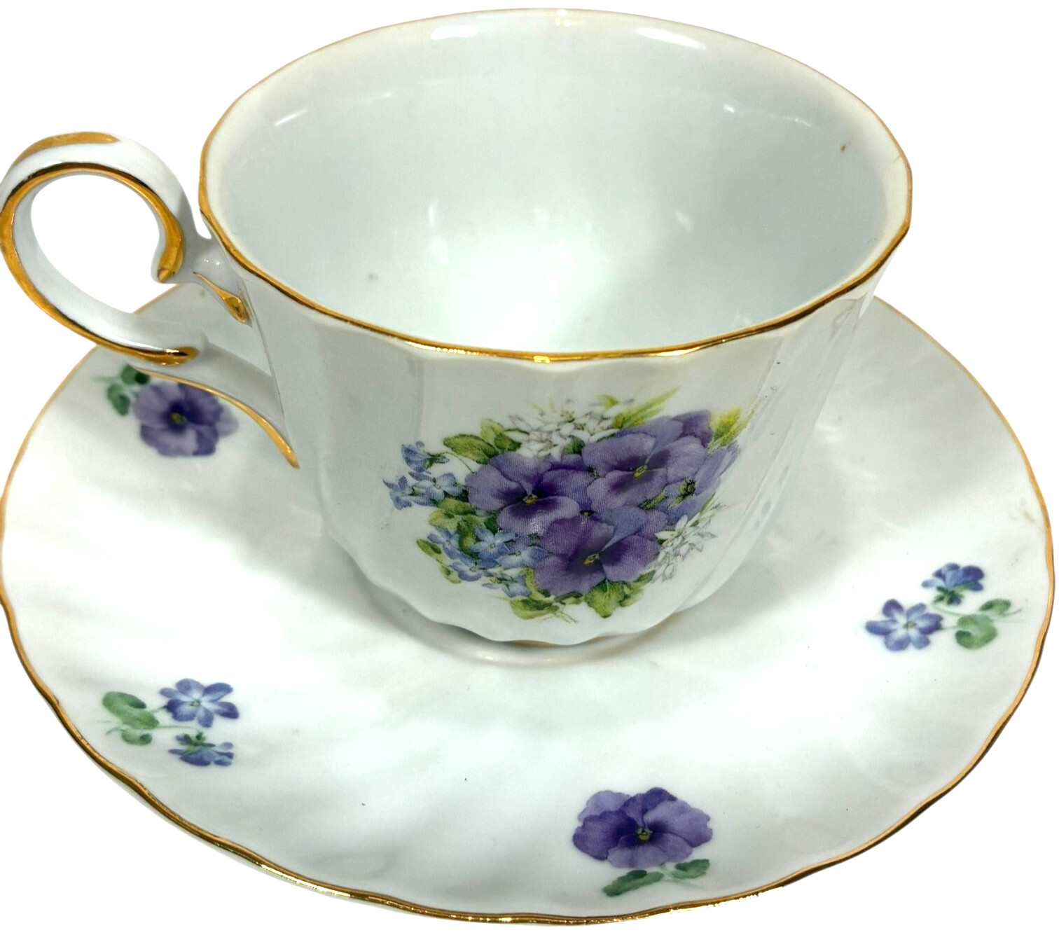 Fielder Keepsakes Handpainted Fine Porcelain Tea Cup & Saucer Purple Pansies