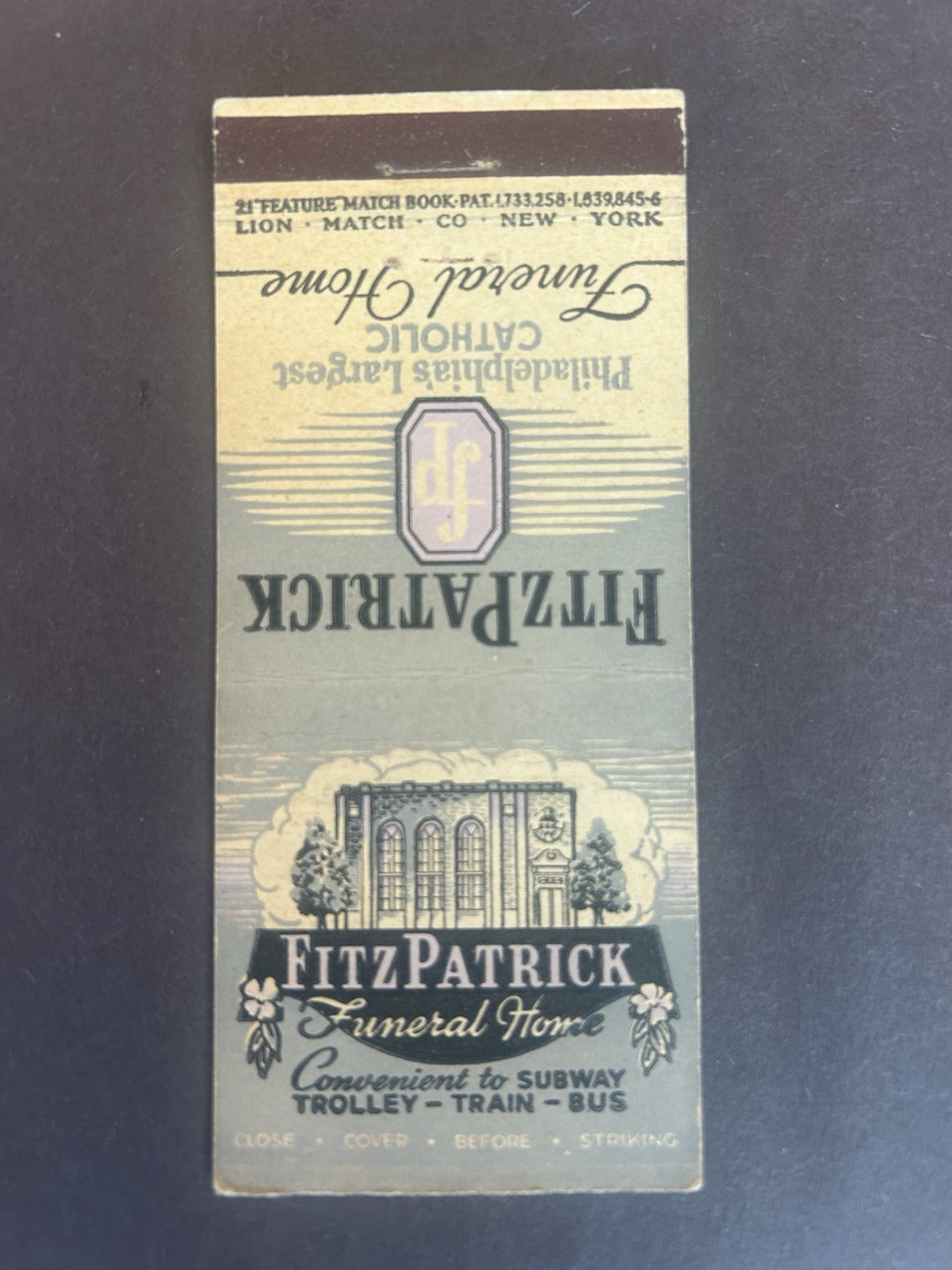 Vintage Pennsylvania Matchbook “FitzPatrick Funeral Home” Philadelphia