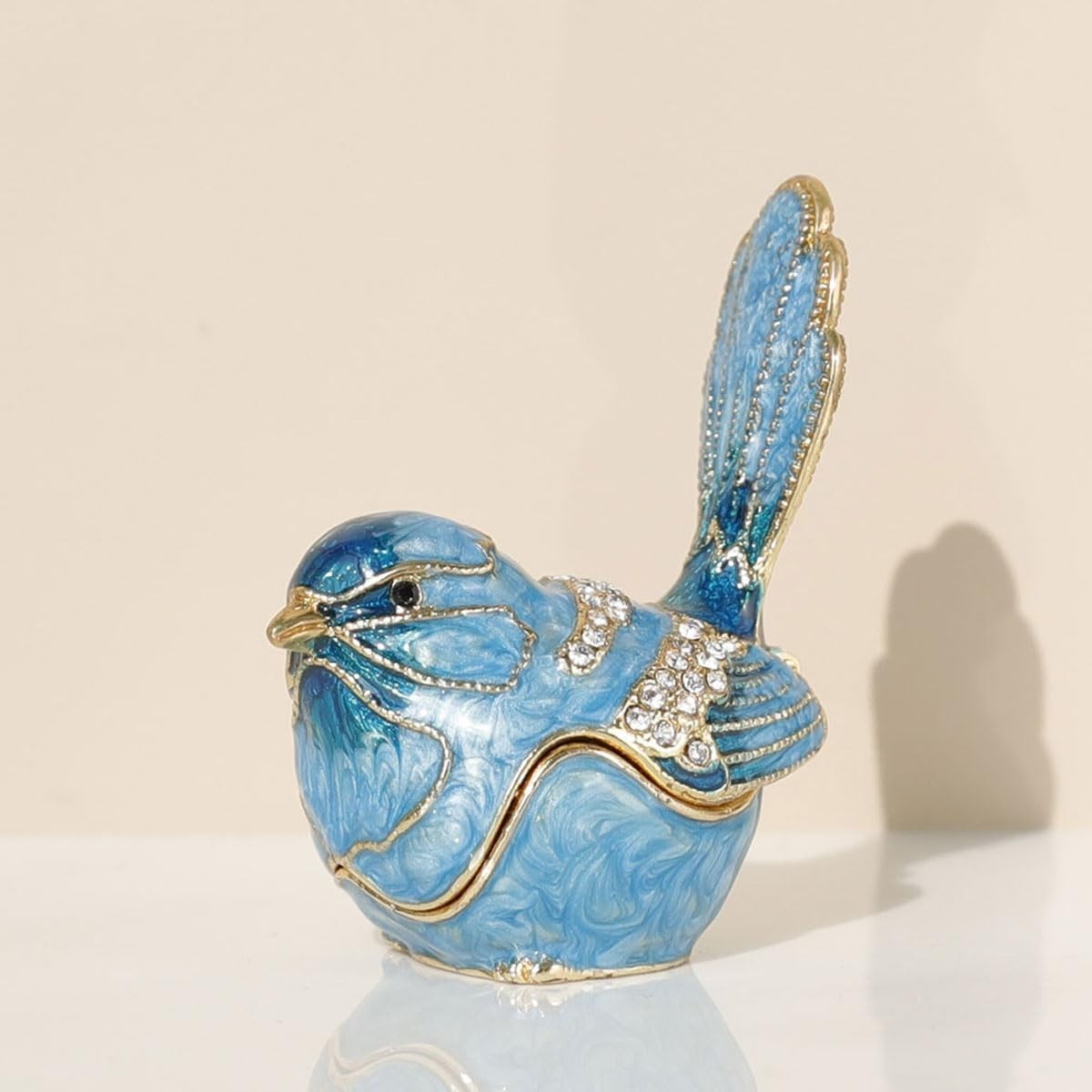 Blue Bird Trinket Box Hand Painted Enamel Hinged Rhinestone Jewelry Case