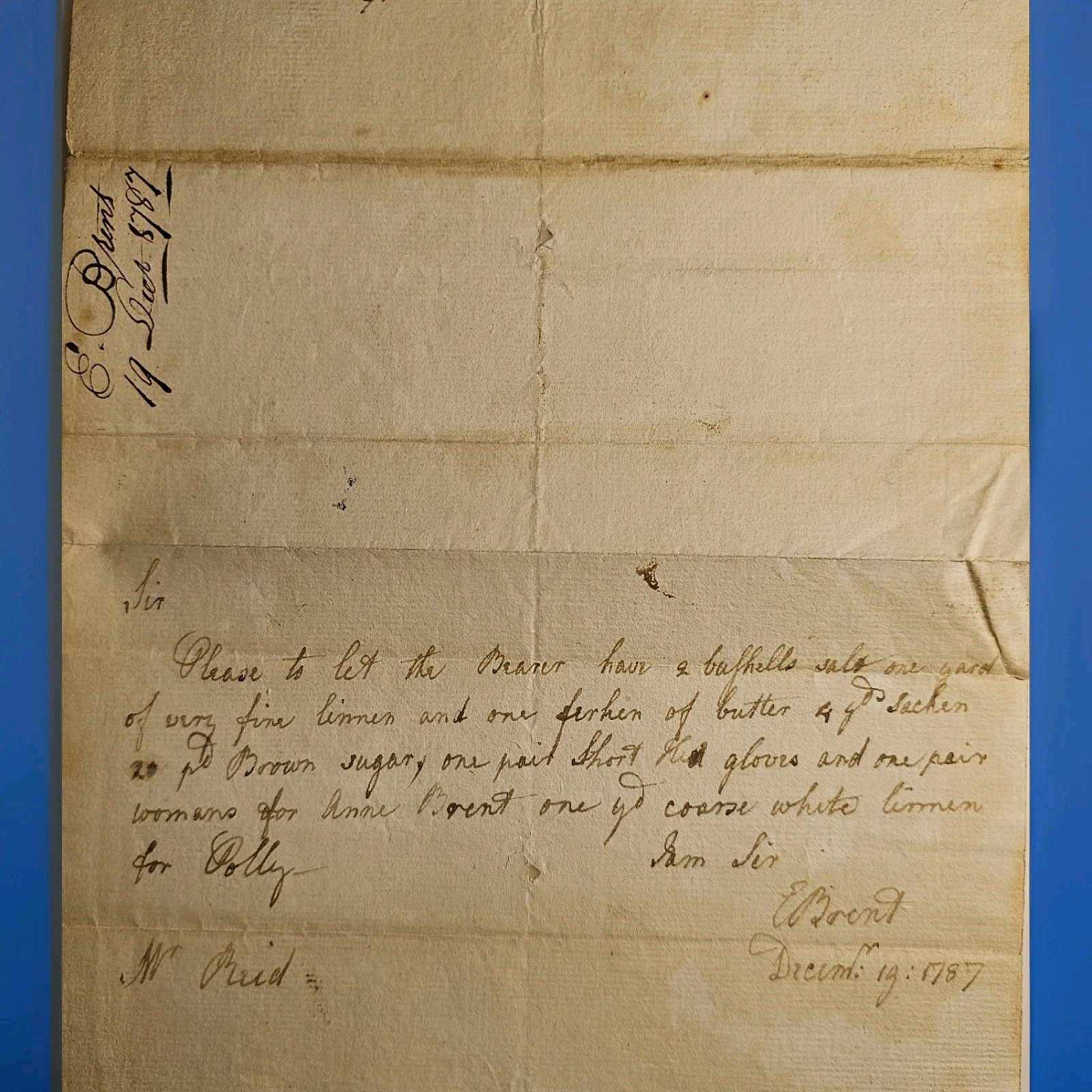 1787 Eleanor Brent Merchant Order Huie Reid Co Dumfries Virginia Mount Vernon