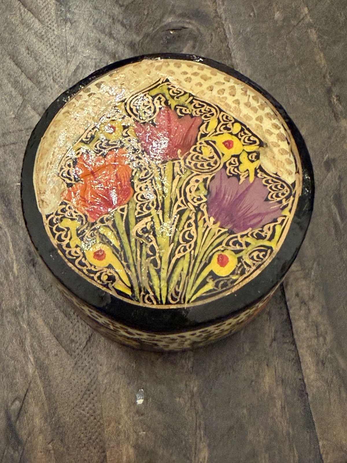 Vintage Kashmiri Floral Hand-painted Papier-mâché Lacquered Trinket Box Folk Art