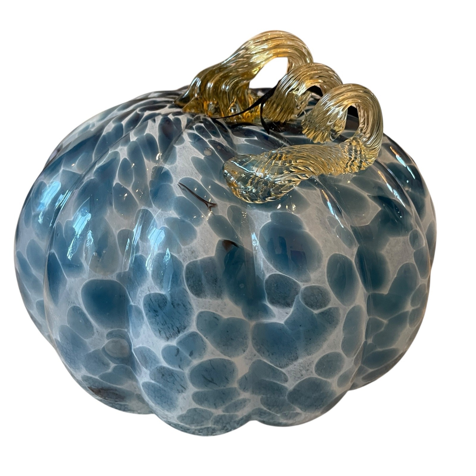 TAHARI Hand Blown Art Glass Pumpkin Blue Spotted Amber Stem Chic Fall Decor NEW