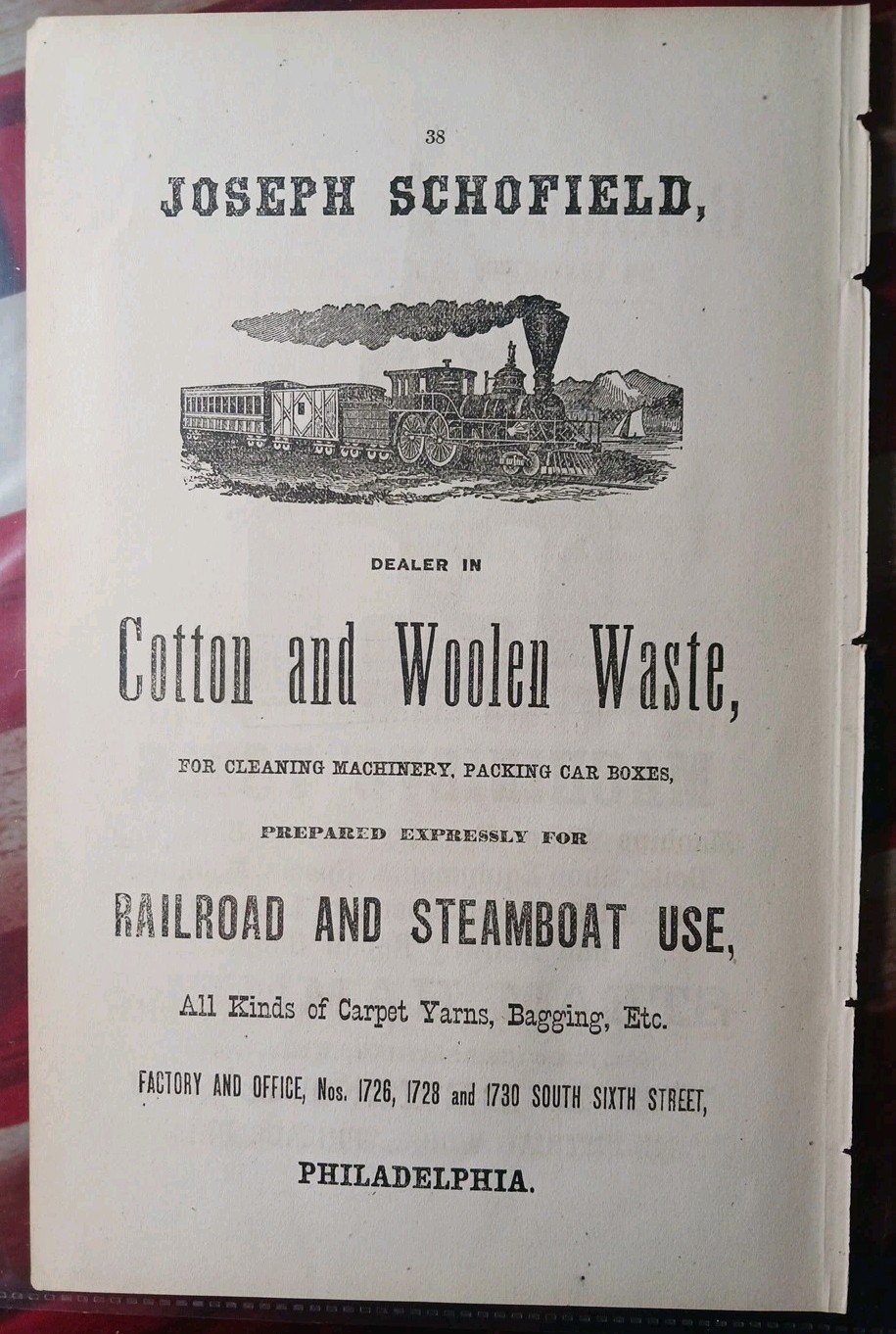 1876 Vintage Railroad Advertising JOSEPH SCHOFIELD Cotton & Woolen Waste Bagging