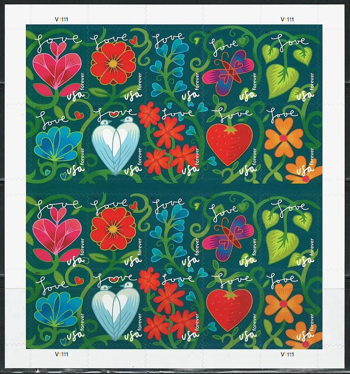 USPS GARDEN OF LOVE SHEET OF 20 FIRST CLASS LETTER STAMPS