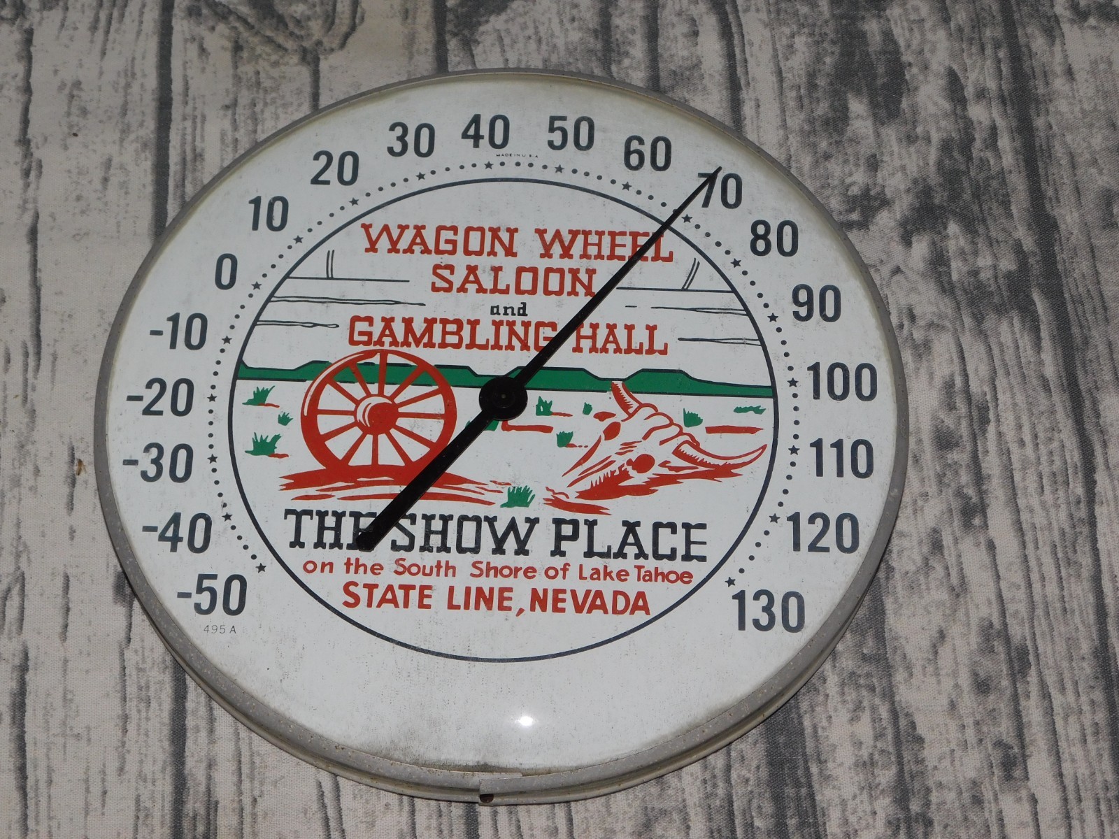 VTG WAGON WHEEL SALOON GAMBLING HALL THERMOMETER SIGN HARVEY'S LAKE TAHOE WORKS
