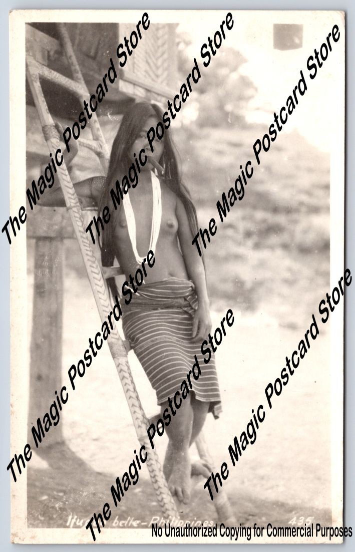 Topless Ifugao Girl Smoking Cigar on House Ladder RPPC Philippines Photo ~1910s